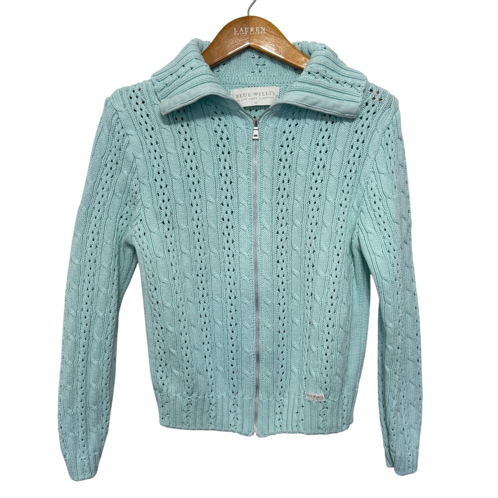 Blue Willi's Cable Knit Cardigan Zipper Front Medium Light Green